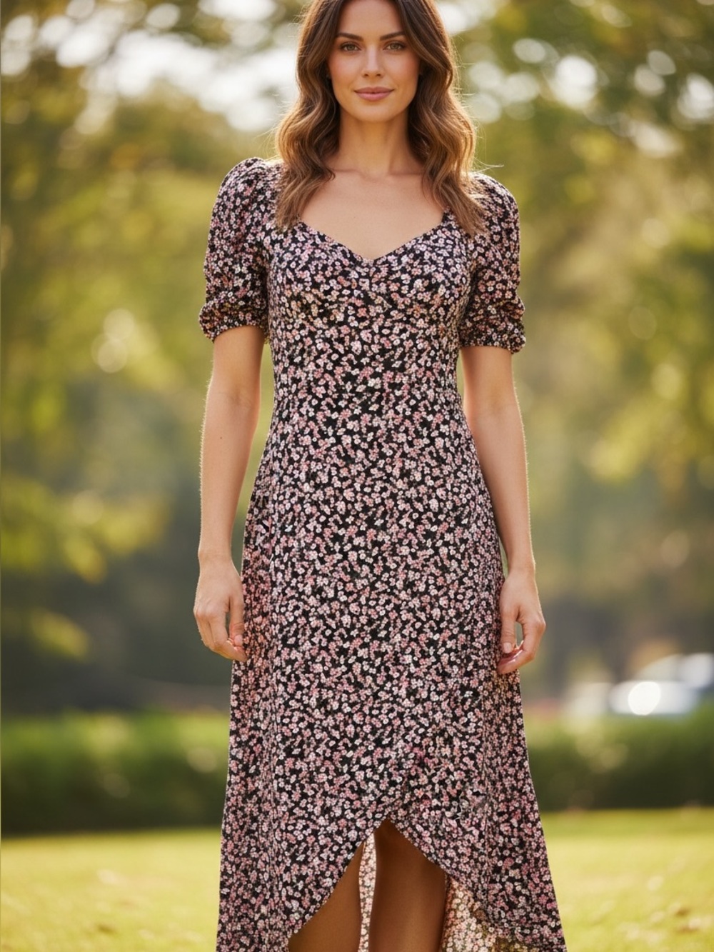 Floral Puff-Sleeve Midi Dress - Pink on Black